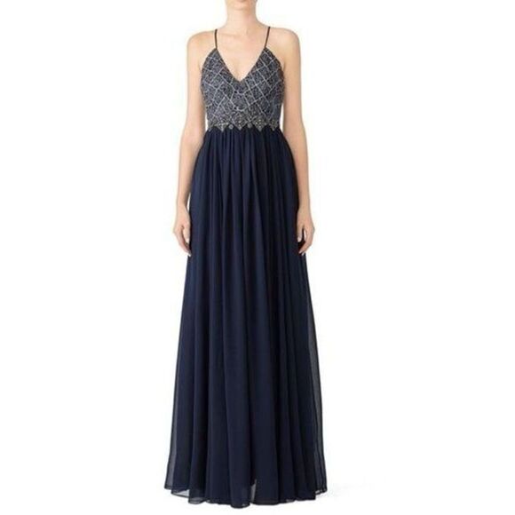Badgley Mischka Navy Blue Embroidered Bodice Lined V-Neck Gown Women’s Size 4 - Picture 1 of 8
